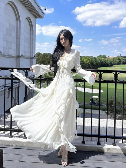 v-neck dress long sleeves ruffled dress     S6151
