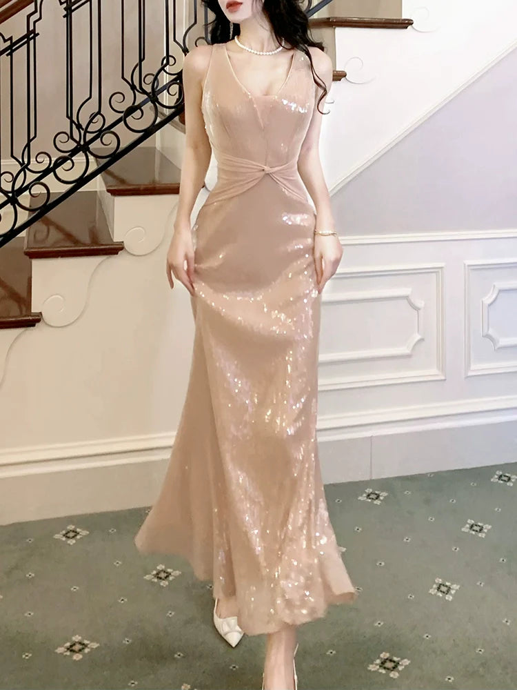 sequined dress V-neck long party dress     S6031