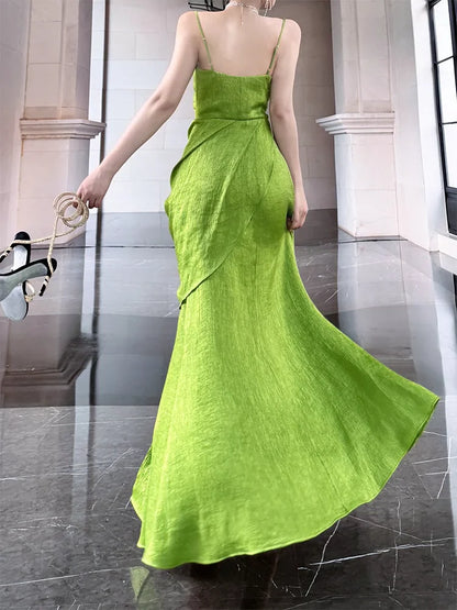 green chic suspender dress seaside holiday long dress    S6139