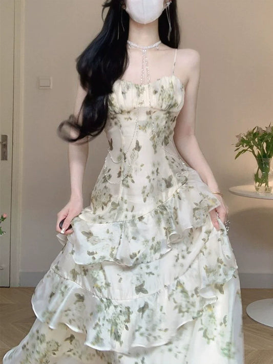 Ruffled floral suspender dress for women summer new long party dress      S5811