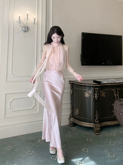 Silk satin mermaid halter neck dress long evening gown       S5982
