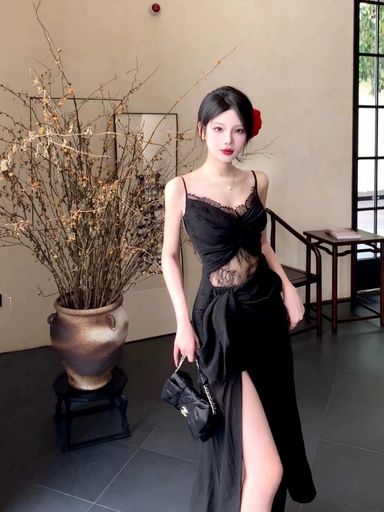 Black retro lace dress summer party dress    S6052