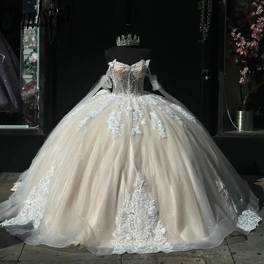 Shimmering Champagne Beaded Pearls Illusion Ball Gown Quinceanera Dress