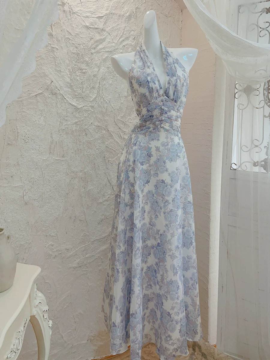 Halter neck printed floral dress long evening party dress     S5985