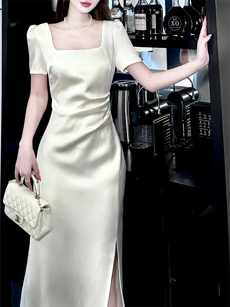 White short-sleeved dress elegant engagement dress satin long dress    S5953