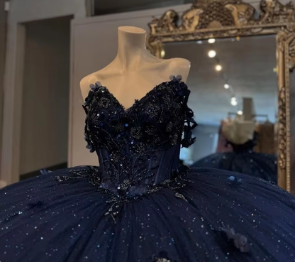 Mexico Navy Quinceanera Dress Ball Gown Floral Appliques Beaded Crystal Corset Sweet 16 Vestido De 15 Anos