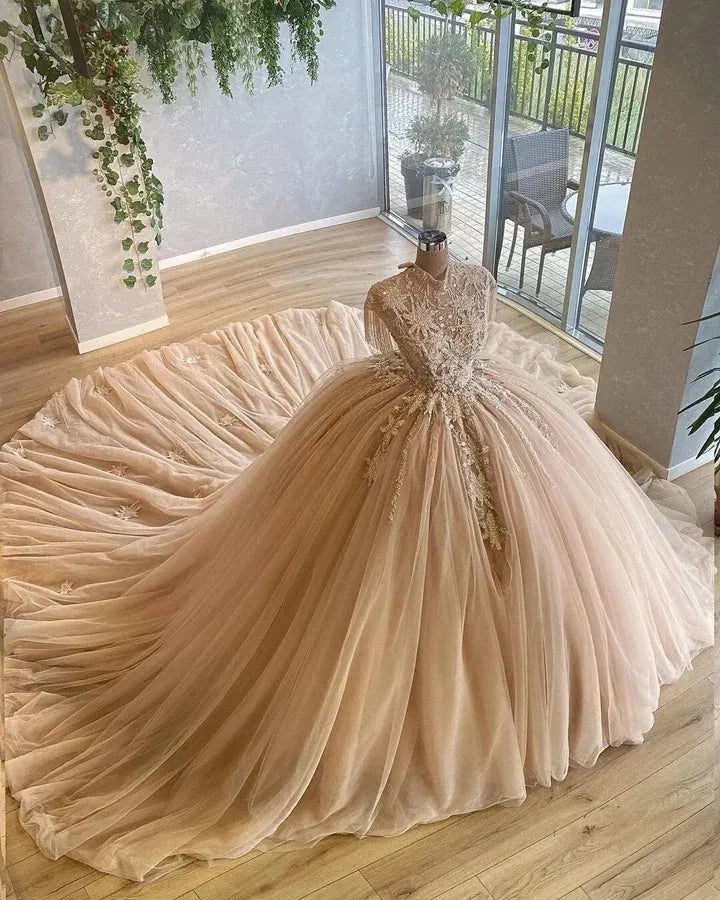 Champagne Beaded Princess Dress, Gorgeous Wedding Dress, Dreamy Bridal Ball Gown    S6086