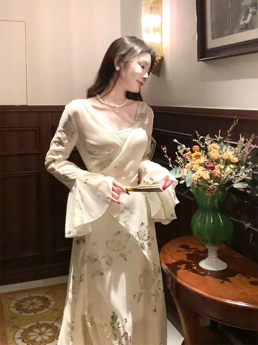 shimmering printed chiffon dress women 2025 long evening dress    S6043