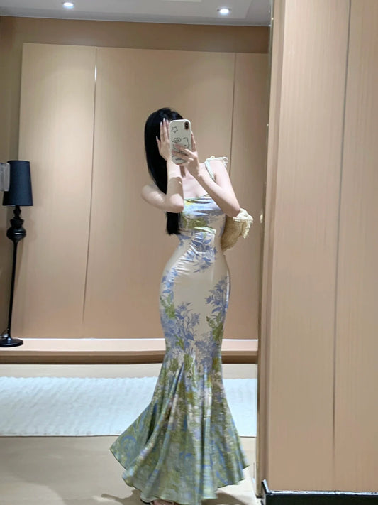 Retro painting sexy mermaid dress long party dress      S5874