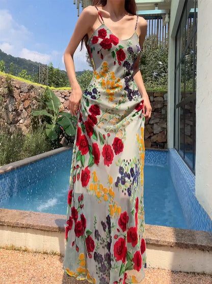spaghetti straps flower dress new long party dress    S6055