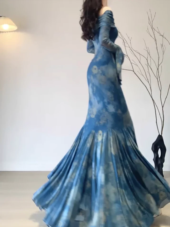 Mermaid Off The Shoulder Floral Blue Long Sleeves Party Dresses Birthday Outfits       S5447