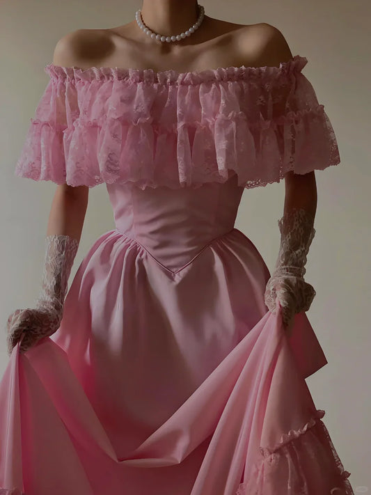 Vintage Long Pink Prom Dresses A-Line Off Shoulder Evening Party Gowns      S6292