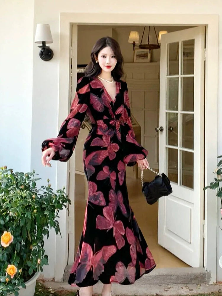 Retro velvet butterfly dress elegant V-neck long party dress    S6105