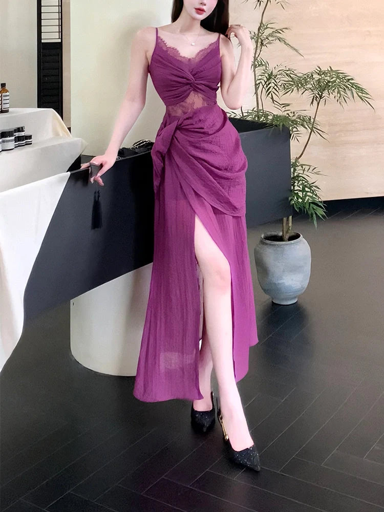 retro lace purple dress seaside holiday party dress     S6095
