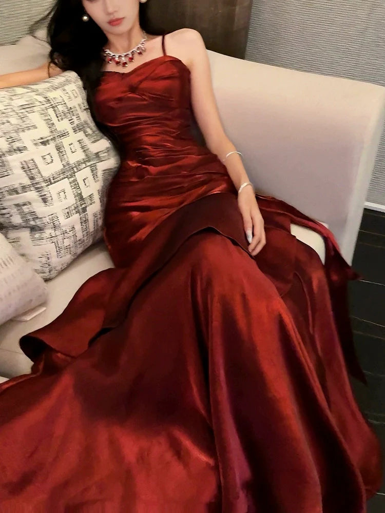 Mermaid Princess ruffled dress burgundy banquet dress       S5771