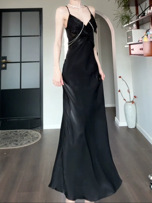 black dress for women satin long party dress       S5978