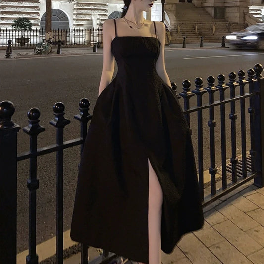 Black simple Spaghetti Straps dress women's summer long dress      S5861