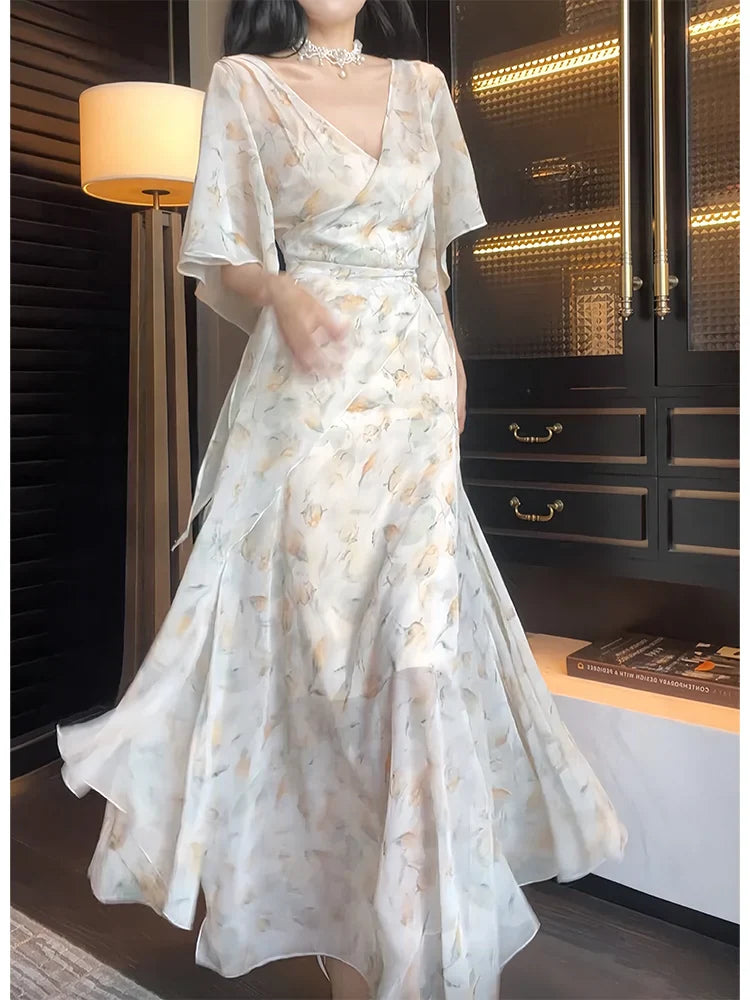 Floral V-neck summer suspender dress sleeves,long party dress       S6158