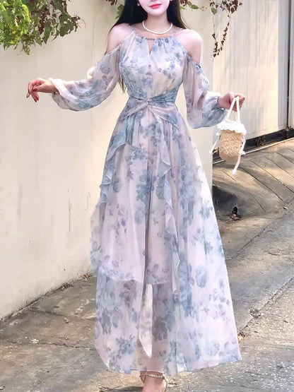 Chiffon printed dress women's seaside holiday long dress party dress     S6153
