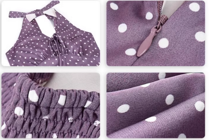 French purple v-neck polka dot halter dress for seaside vacation, beautiful waisted A-line long skirt R0425