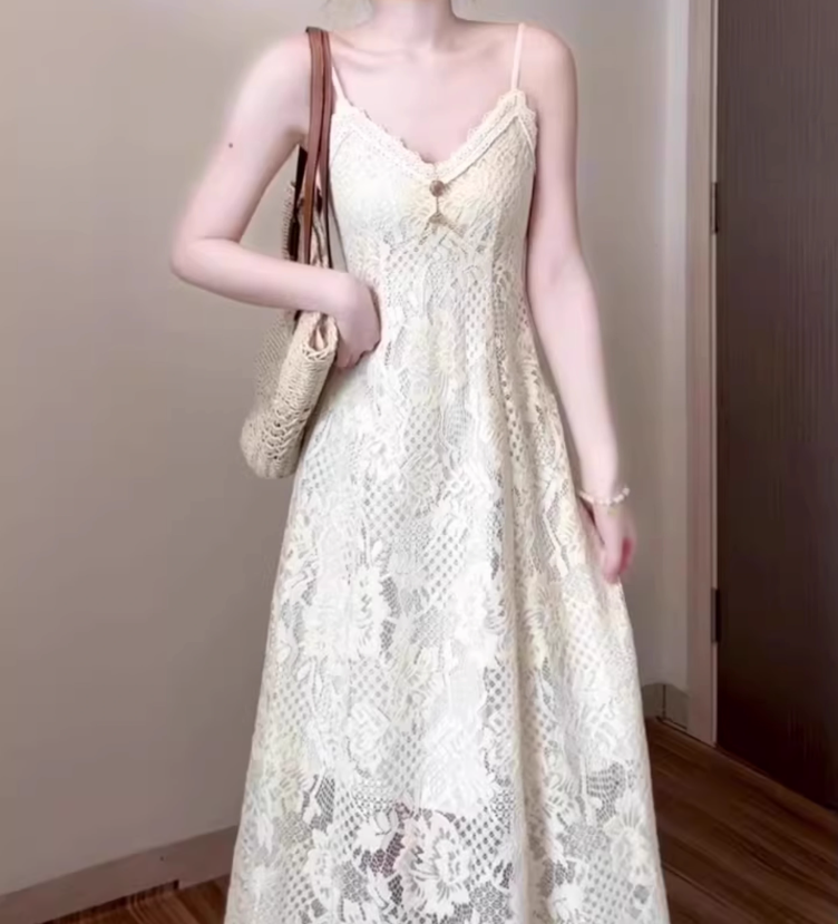 Retro v-neck hollow suspender dress niche waist temperament long skirt R0679