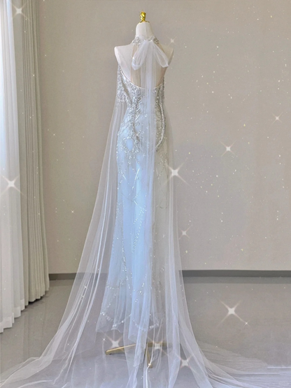 Stunning Halter A-Line Tulle Long Evening Party Dress Wedding Dress, D239