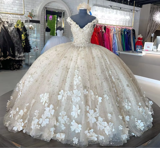 Sweet 16 Quinceanera Dresses Floral Applique Tulle Ball Gown