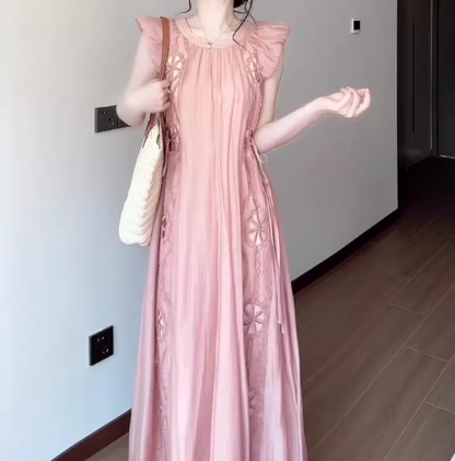 Women's pink small flying sleeve dress gentle sweet style loose long skirt R0725