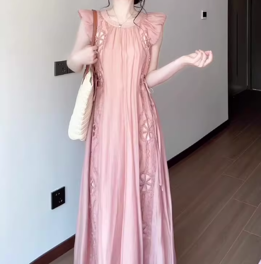 Women's pink small flying sleeve dress gentle sweet style loose long skirt R0725