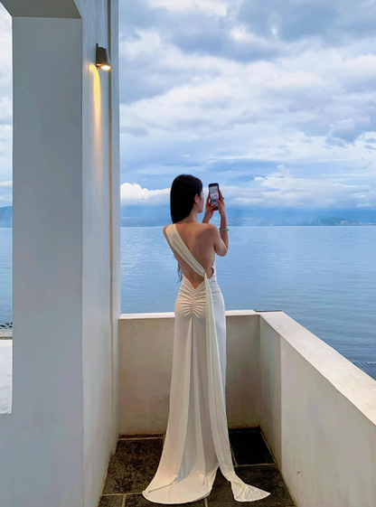 French atmosphere white ribbon sexy backless dress holiday beach dress dress long skirt R0227