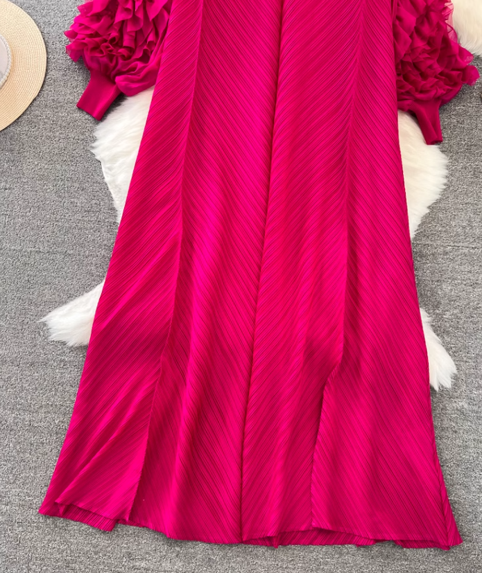 High-class lady temperament pleated lantern long sleeve loose A-line solid color elegant dress R0319