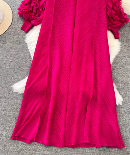 High-class lady temperament pleated lantern long sleeve loose A-line solid color elegant dress R0319