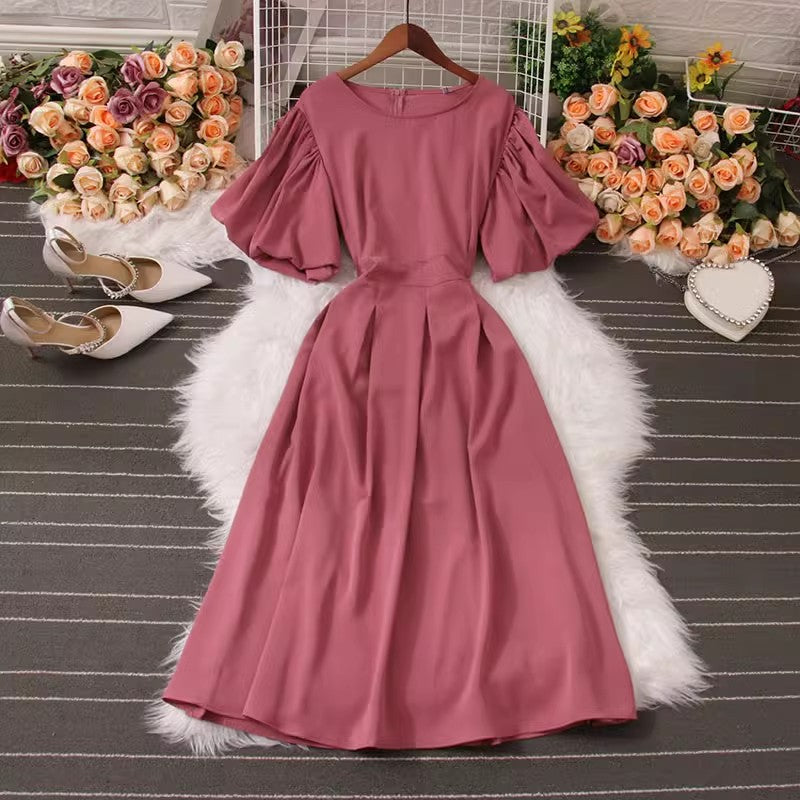 Puff short-sleeved round neck zipper back mid-length dress      S5038