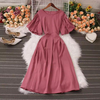 Puff short-sleeved round neck zipper back mid-length dress      S5038