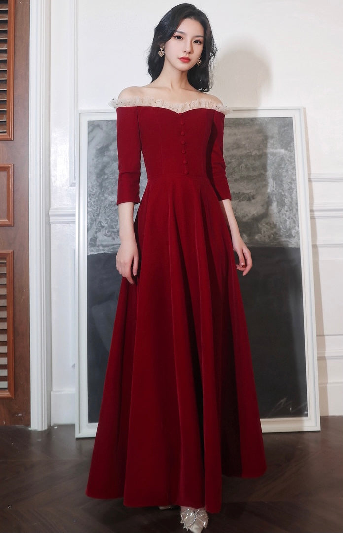 Burgundy Prom Gown Off Shoulder Party Dress Fairy Midi Dress