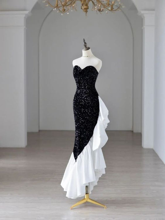 Black Sequin Mermaid Dress Party Glitter Dress Strapless Evening Gown For Women