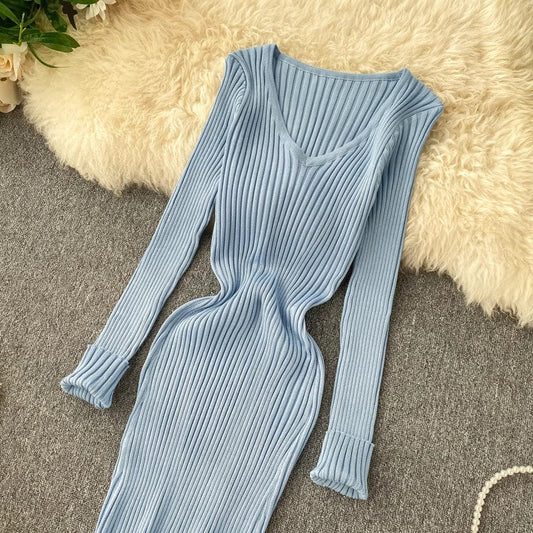 Dress women's new simple solid color long-sleeved tight knitted mid-length skirt   S4530