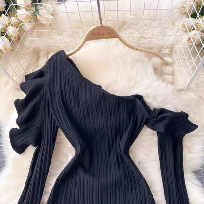 little black dress off-shoulder ruffled bell-sleeve dress     S4630