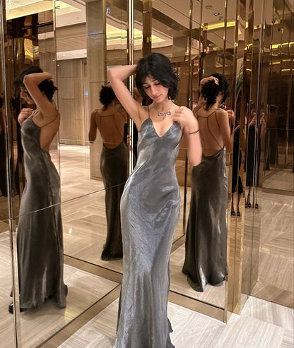 V Neck Long Evening Dress Gray Prom Gown