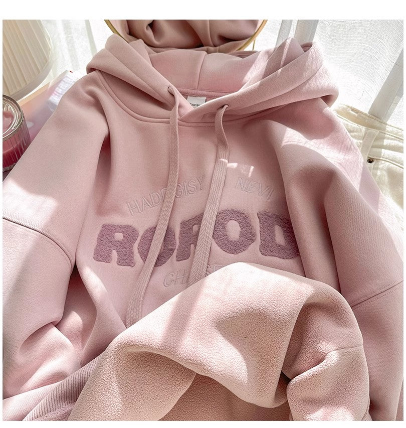 Sweet pink hooded sweatshirt for women embroidered top     S4933