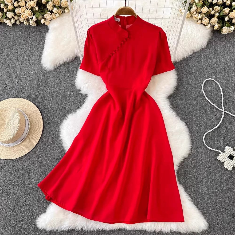 short-sleeved A-line dress elegant long skirt       S5043