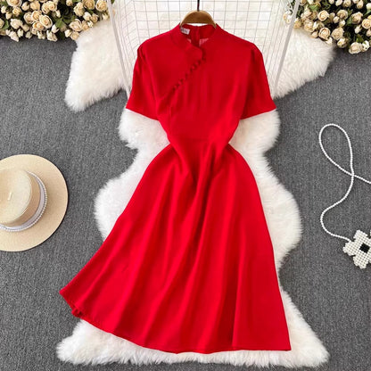 short-sleeved A-line dress elegant long skirt       S5043