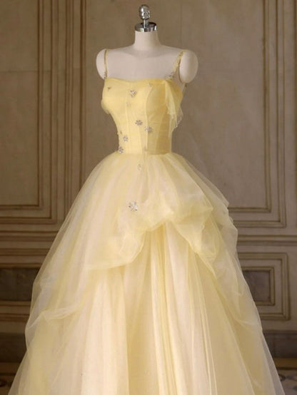 A Line Spaghetti Straps Layered Yellow Long Prom Dresses Yellow Tulle Formal Evening Dresses Ball Gown