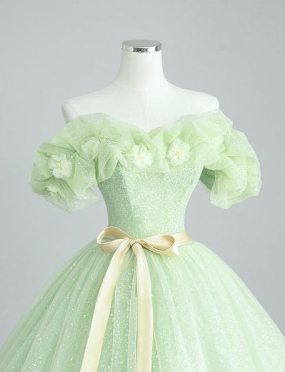 A-Line Off Shoulder Tulle Green Long Prom Dress, Green Sweet 16 Dress     S5143
