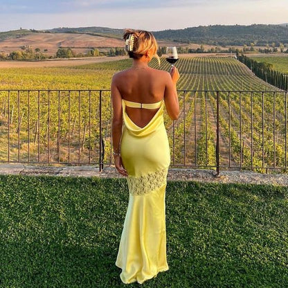 Strapless Yellow Sheath Long Prom Dress Summer Outfit         S5296