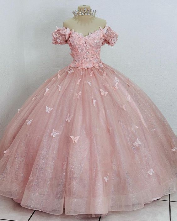 Pink Quinceanera Dresses With Butterflies Girls Sweet 15 Birthday Party Ball Gown Dress