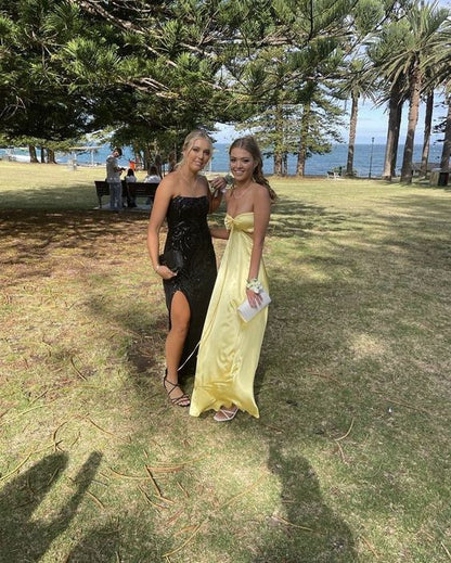 Strapless Yellow A Line Long Prom Dress Satin Formal Party Gown
