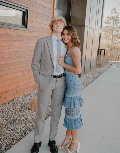 Blue Midi Dress Lace Prom Gown