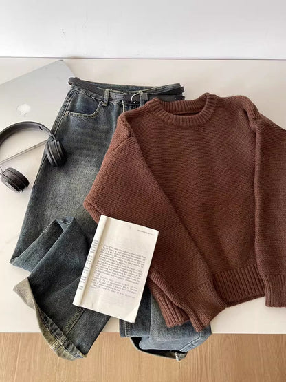 solid color simple long-sleeved round neck knitted sweater    S4768