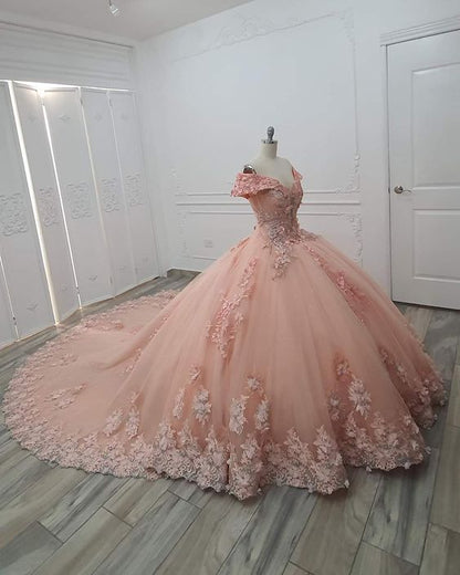 Pink Floral Appliques Lace Ball Gown Quinceanera Dresses Off The Shoulder 3D Flowers Beading Corset Sweet 15 Girls Party Dress